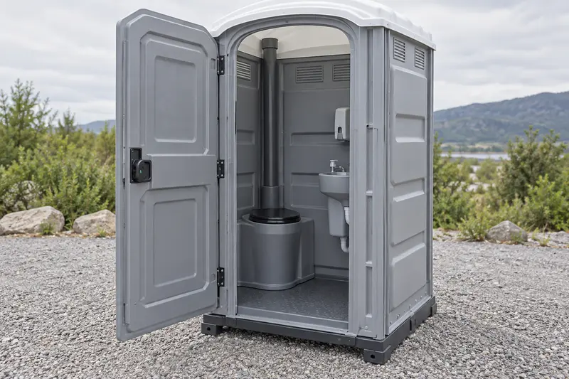 Upgraded portable restroom and interior view