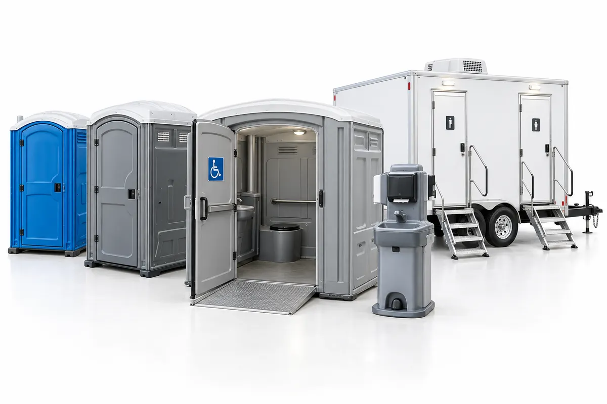 Illustrative studio lineup of standard and wide-entry portable toilets, handwashing and a white restroom trailer