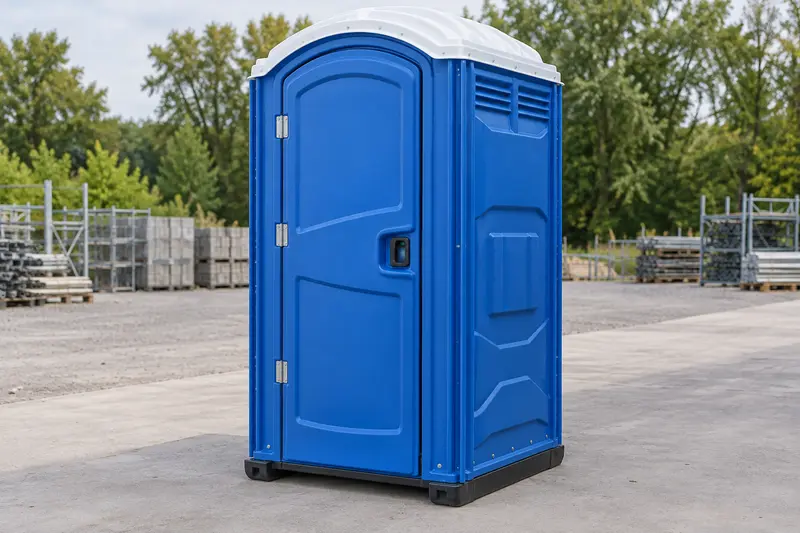 Blue portable toilet with closed door