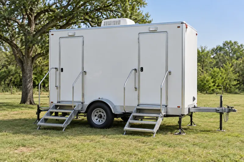 Restroom trailer with exterior access stairs